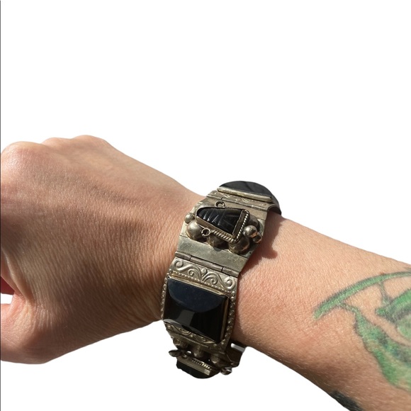 Vintage Sterling Silver Hecho En Mexico Aztec Mask Carved Onyx Panel B… - Picture 3 of 12